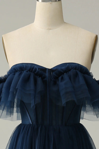 Amzcw Navy A-Line Off the Shoulder Sweetheart Tulle Long Prom Dress