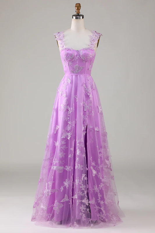 Amzcw Purple Corset Long Tulle Prom Dress with 3D Butterflies