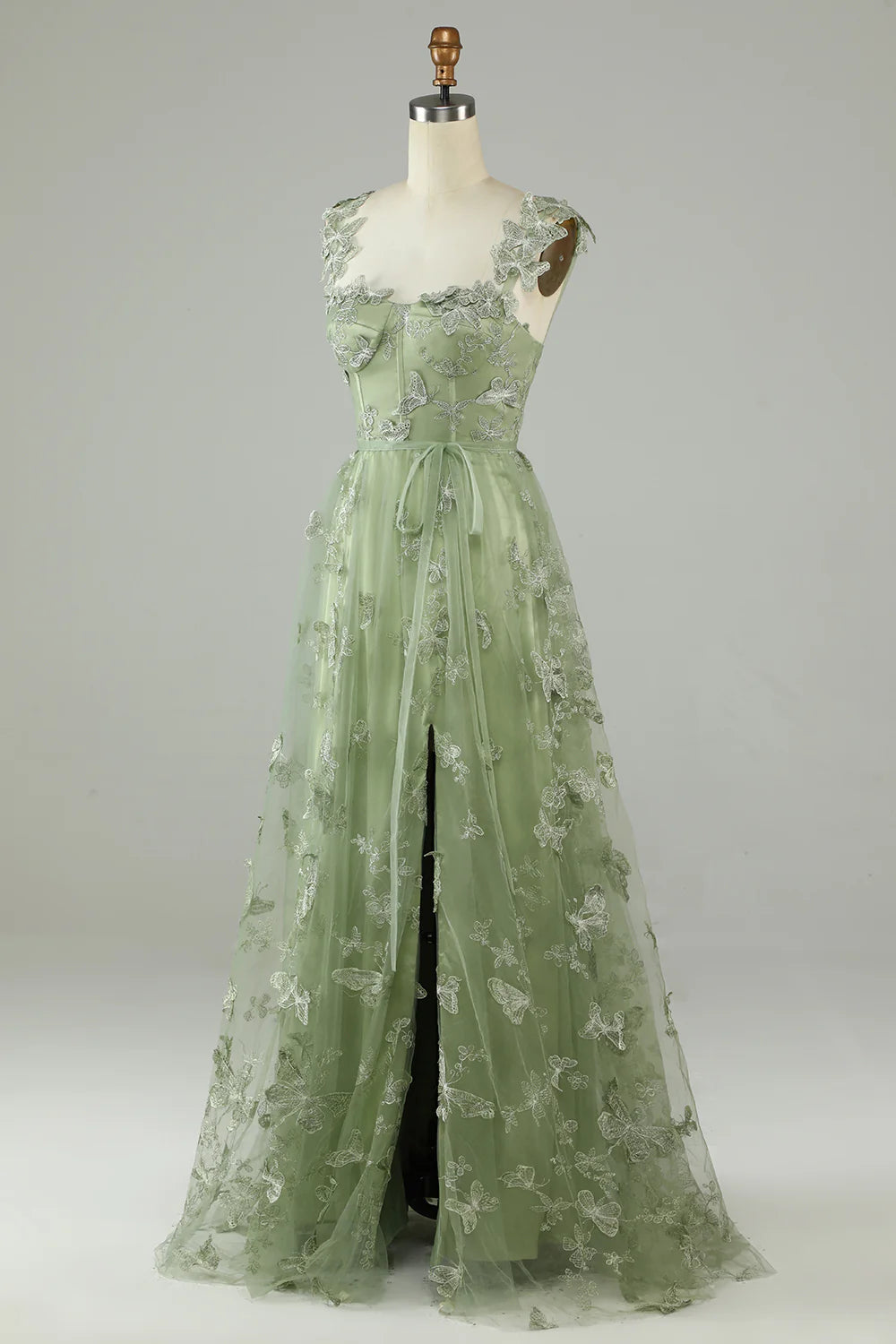 Amzcw Green Corset Long Tulle Prom Dress with 3D Butterflies