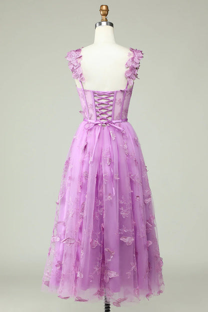 Amzcw Purple A Line Butterflies Appliques Prom Dress