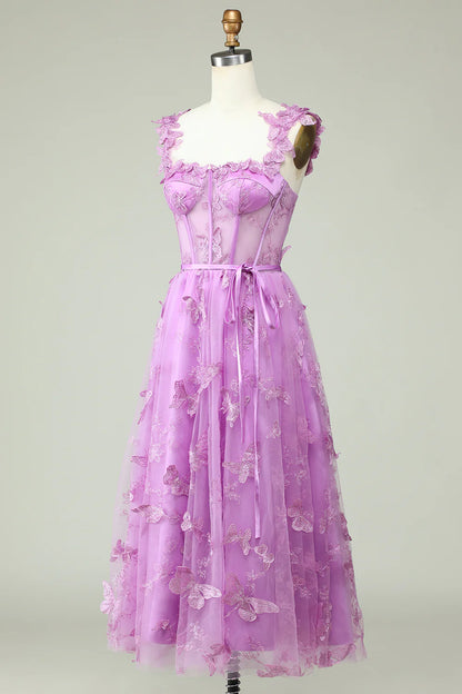 Amzcw Purple A Line Butterflies Appliques Prom Dress