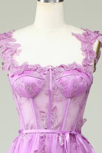 Amzcw Purple A Line Butterflies Appliques Prom Dress