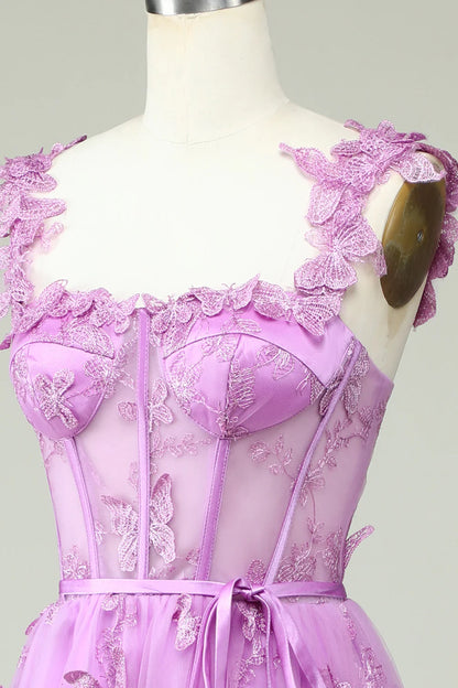 Amzcw Purple A Line Butterflies Appliques Prom Dress