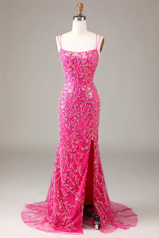 Amzcw Sparkly Fuchsia Sheath Spaghetti Straps Sequins Prom Dress with Split Front long prom dresses with sleeves