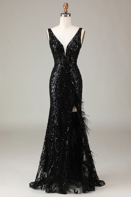 Amzcw Black Sparkly Depp V-neck Mermaid Prom Dress with Feathers