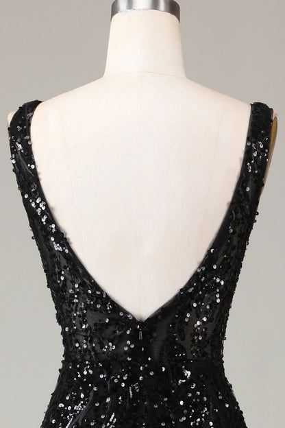 Amzcw Black Sparkly Depp V-neck Mermaid Prom Dress with Feathers