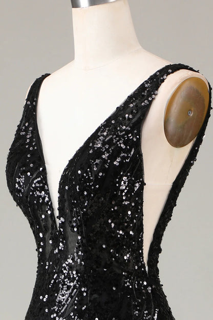 Amzcw Black Sparkly Depp V-neck Mermaid Prom Dress with Feathers