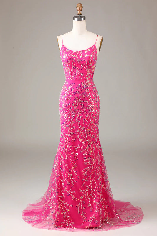 Amzcw Hot Pink Sequins & Beaded Mermaid Prom Dress with Backless