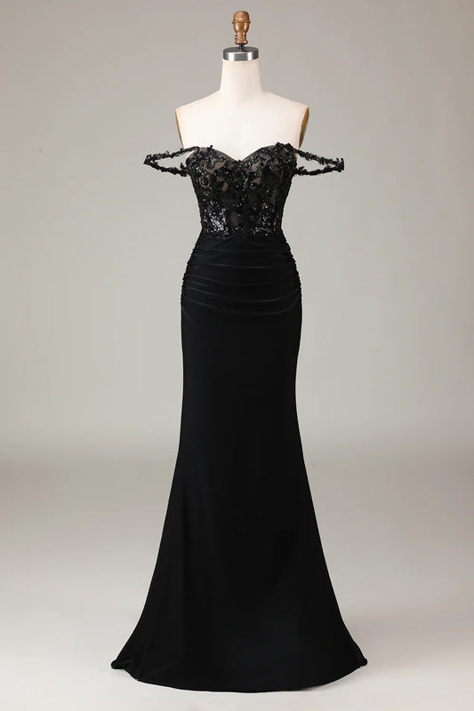 Amzcw Off the Shoulder Black Sparkly Mermaid Prom Dress