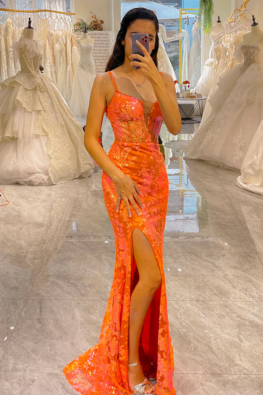 Amzcw Glitter Orange Mermaid Corset Long Corset Prom Dress With Slit