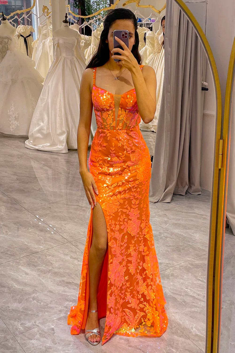 Amzcw Glitter Orange Mermaid Corset Long Corset Prom Dress With Slit