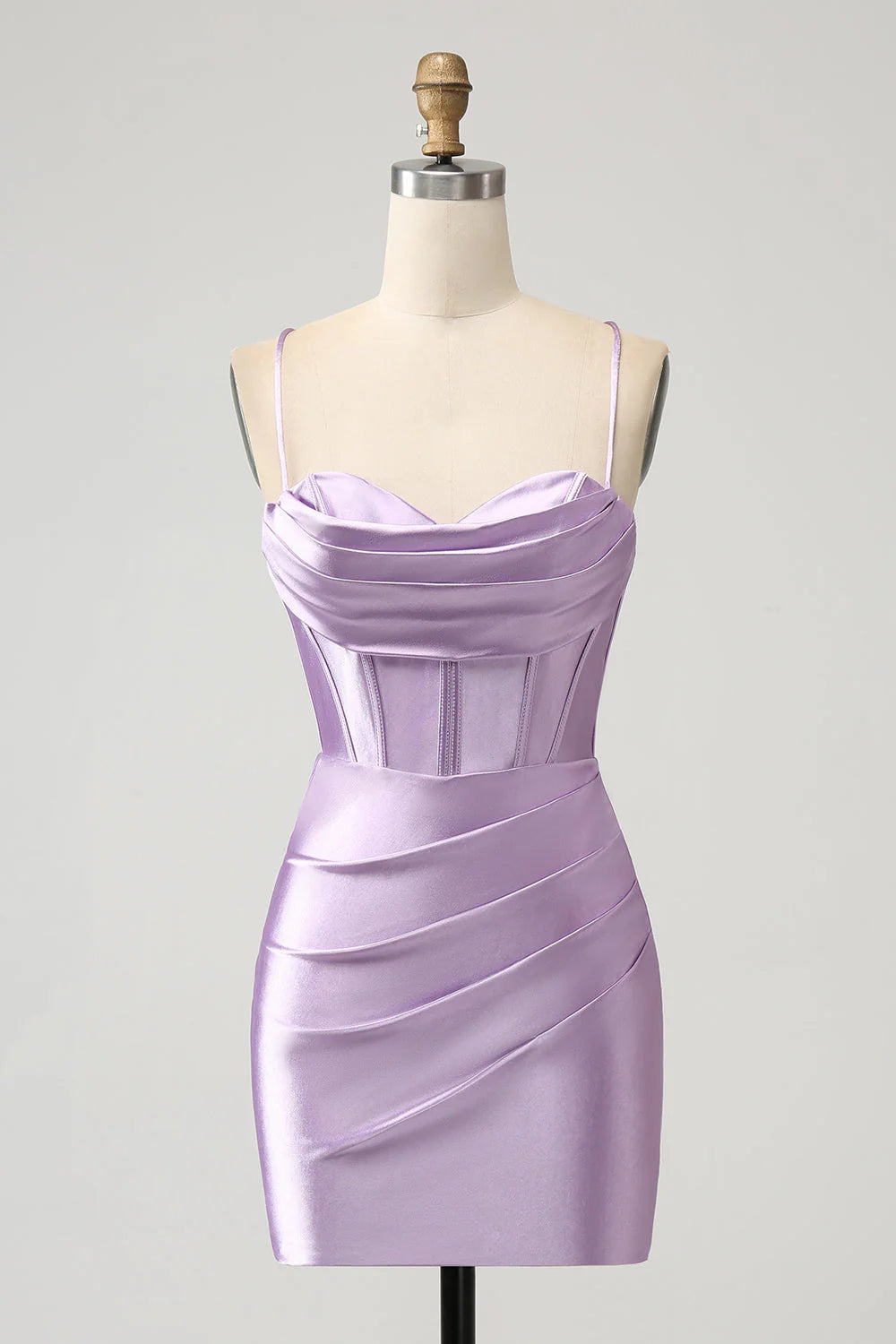 Amzcw Lilac Bodycon Spaghetti Straps Corset Satin Short Homecoming Dress