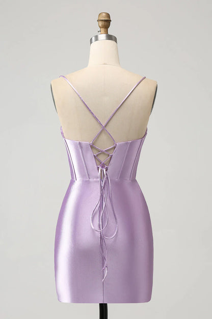 Amzcw Lilac Bodycon Spaghetti Straps Corset Satin Short Homecoming Dress