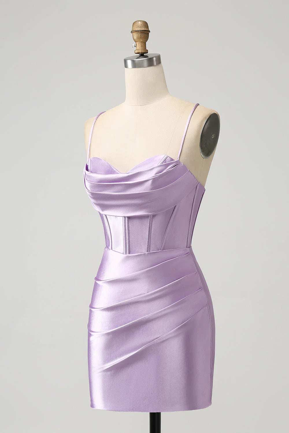 Amzcw Lilac Bodycon Spaghetti Straps Corset Satin Short Homecoming Dress