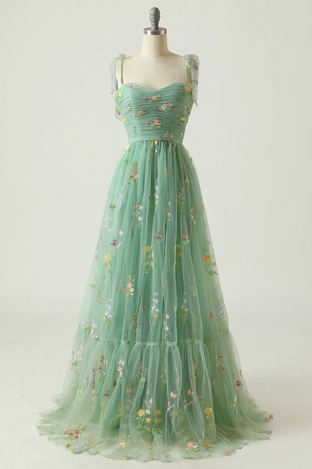 Amzcw Green A Line Spaghetti Straps Tulle Prom Dress With Embroidery