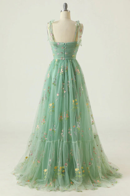 Amzcw Green A Line Spaghetti Straps Tulle Prom Dress With Embroidery