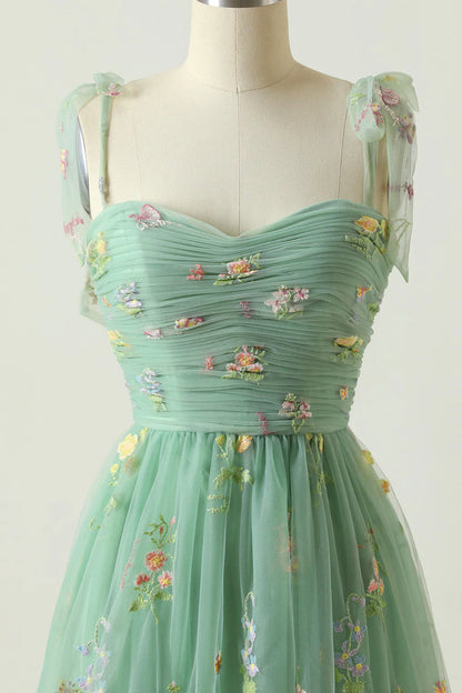 Amzcw Green A Line Spaghetti Straps Tulle Prom Dress With Embroidery