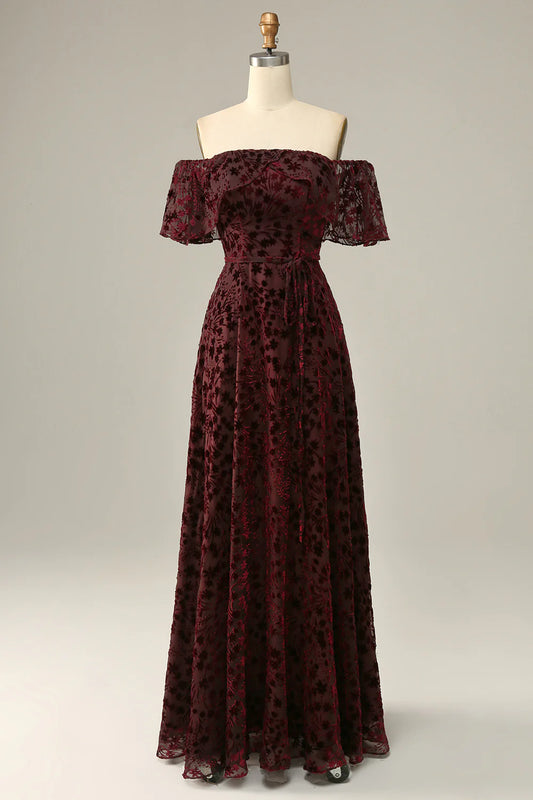 Burgundy Flower Off The Shoulder Evening Dress