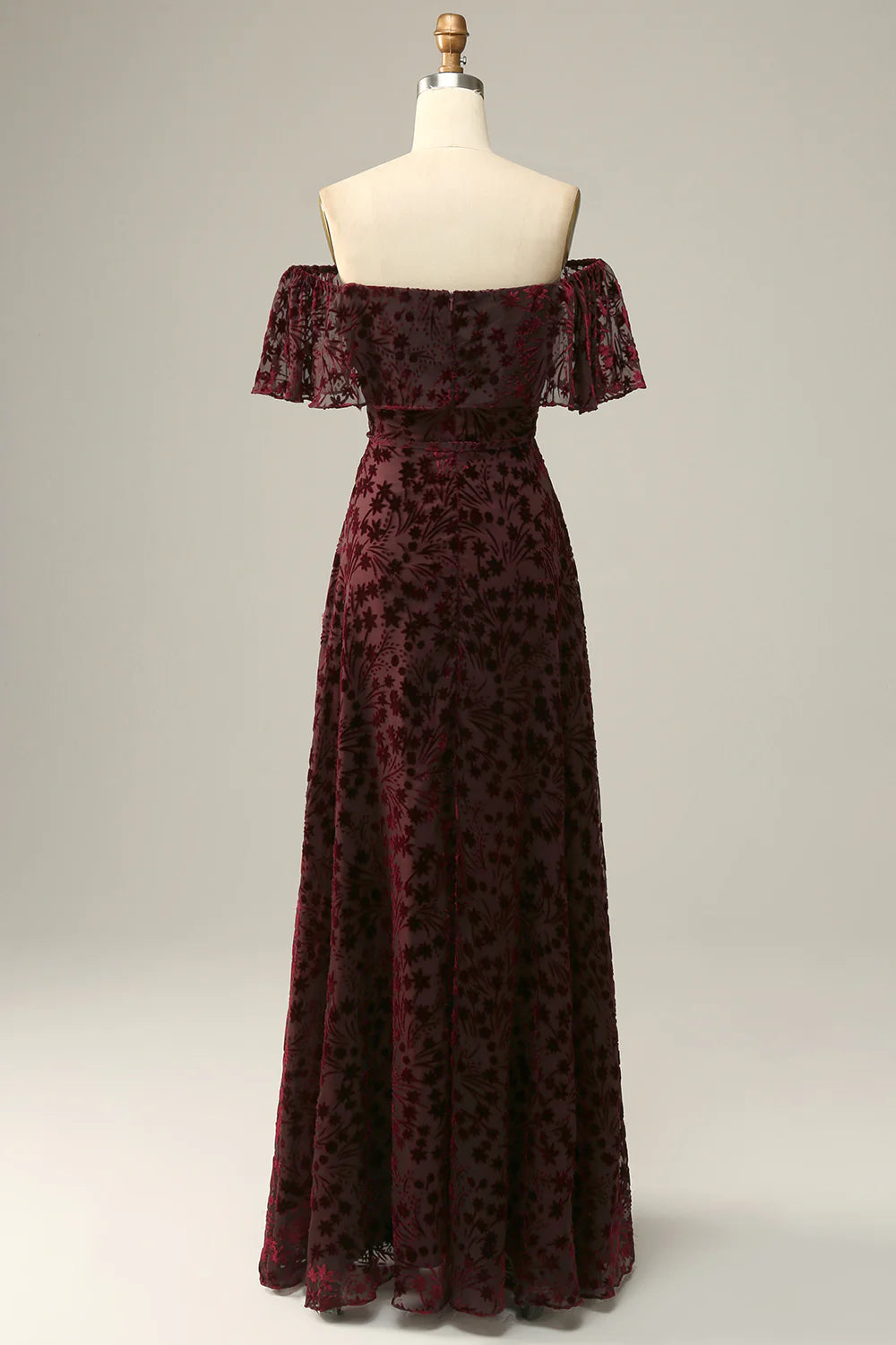 Burgundy Flower Off The Shoulder Evening Dress