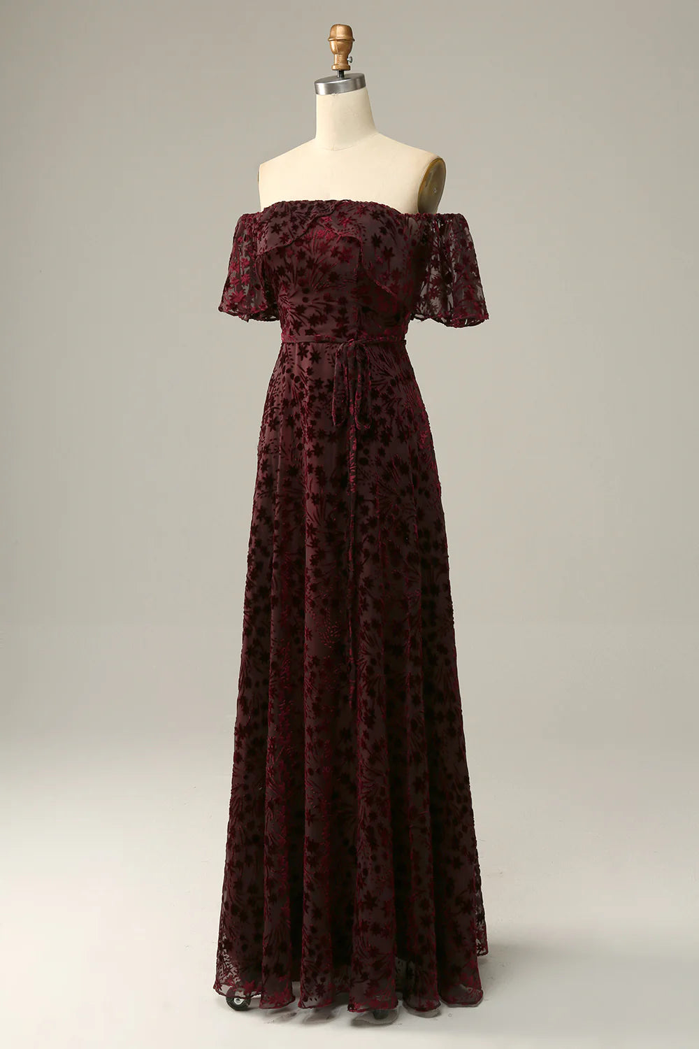 Burgundy Flower Off The Shoulder Evening Dress