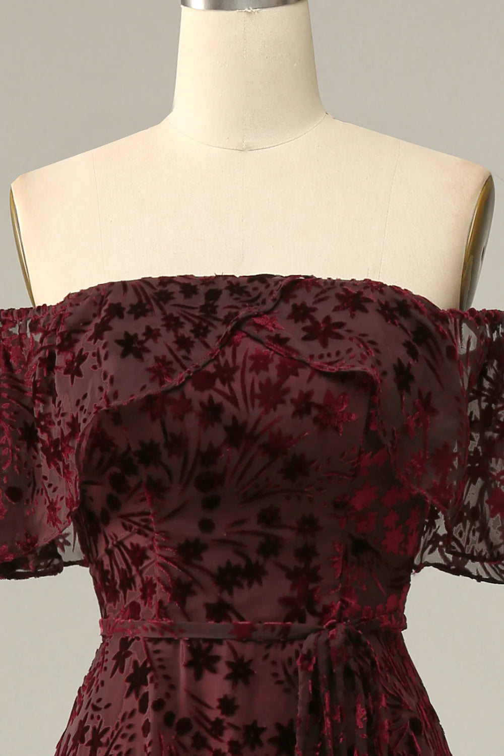 Burgundy Flower Off The Shoulder Evening Dress