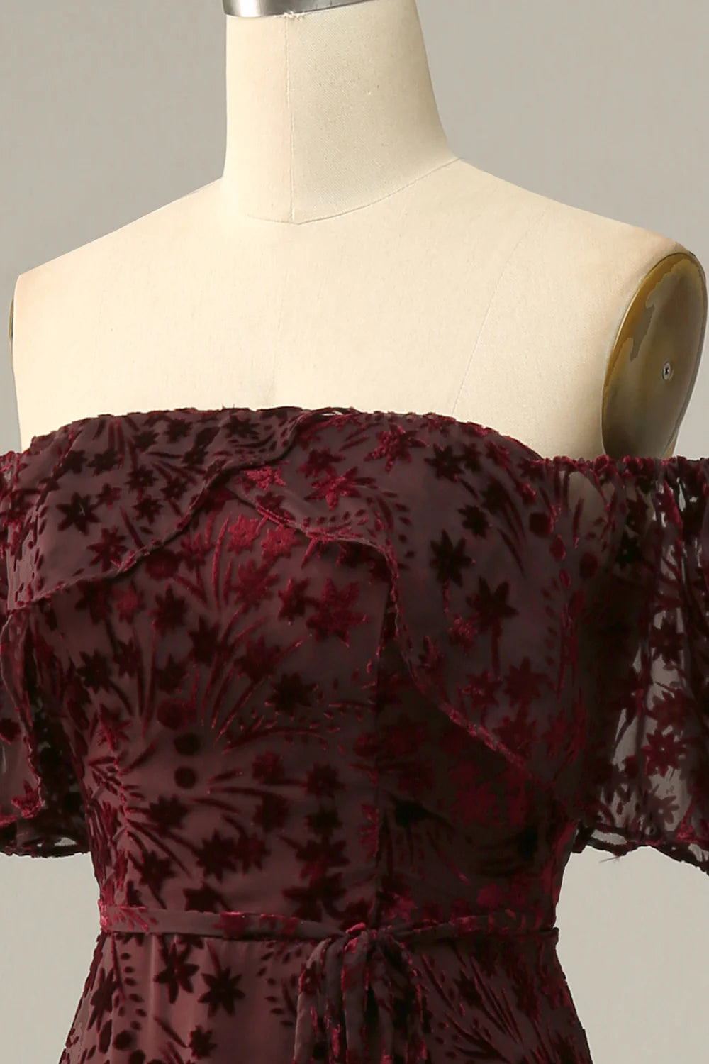 Burgundy Flower Off The Shoulder Evening Dress