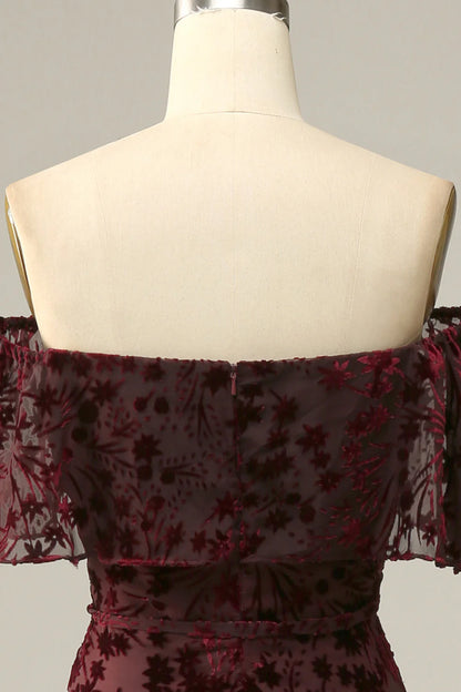 Burgundy Flower Off The Shoulder Evening Dress