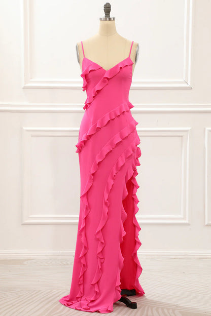 Amzcw Hot Pink Sheath Spaghetti Straps Long Wedding Guest Dress with Ruffles