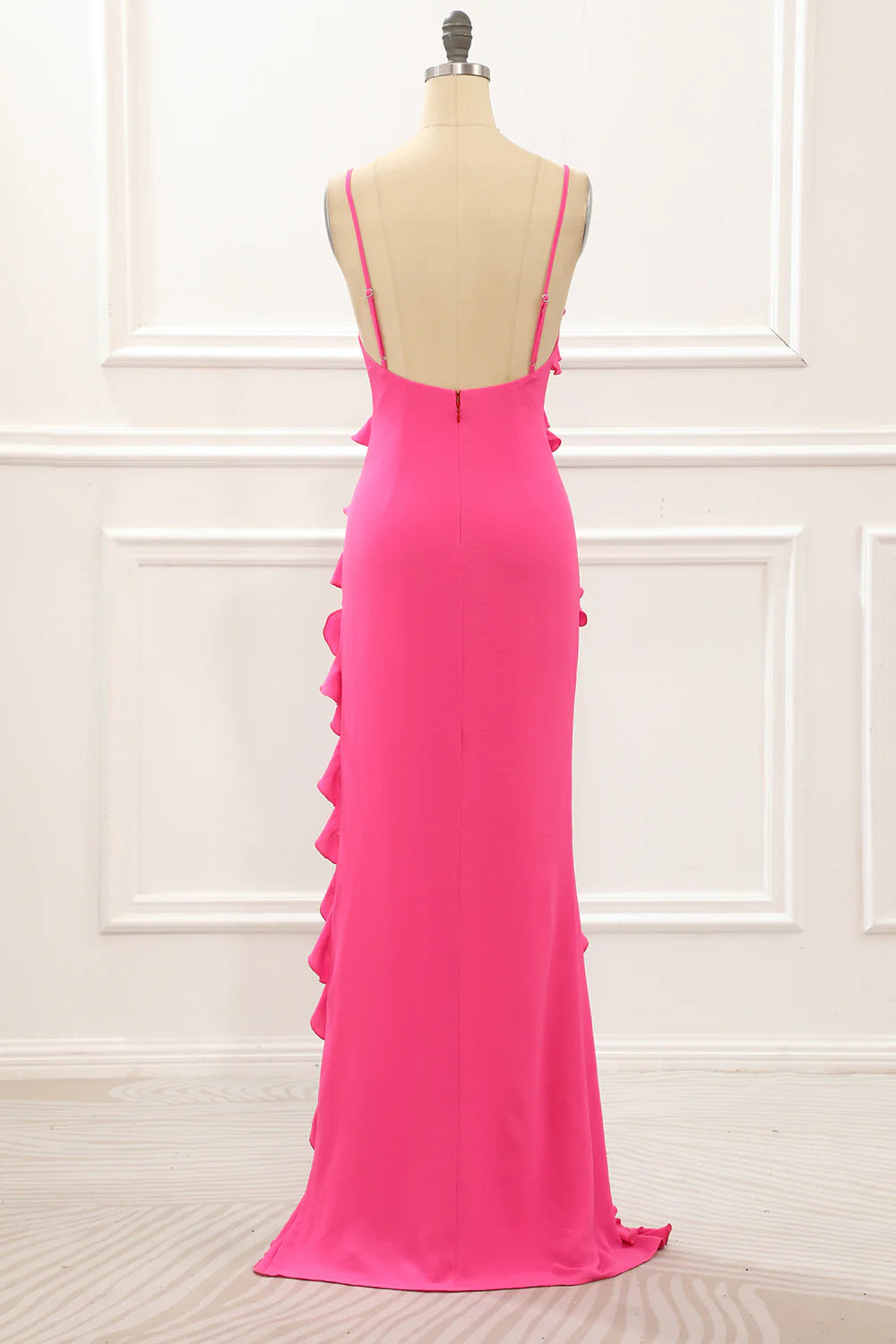 Amzcw Hot Pink Sheath Spaghetti Straps Long Wedding Guest Dress with Ruffles