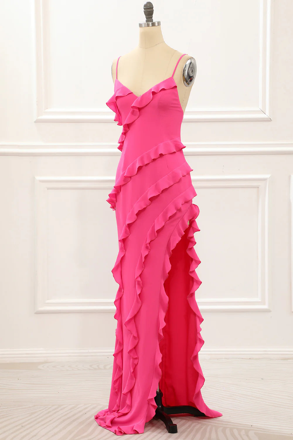 Amzcw Hot Pink Sheath Spaghetti Straps Long Wedding Guest Dress with Ruffles