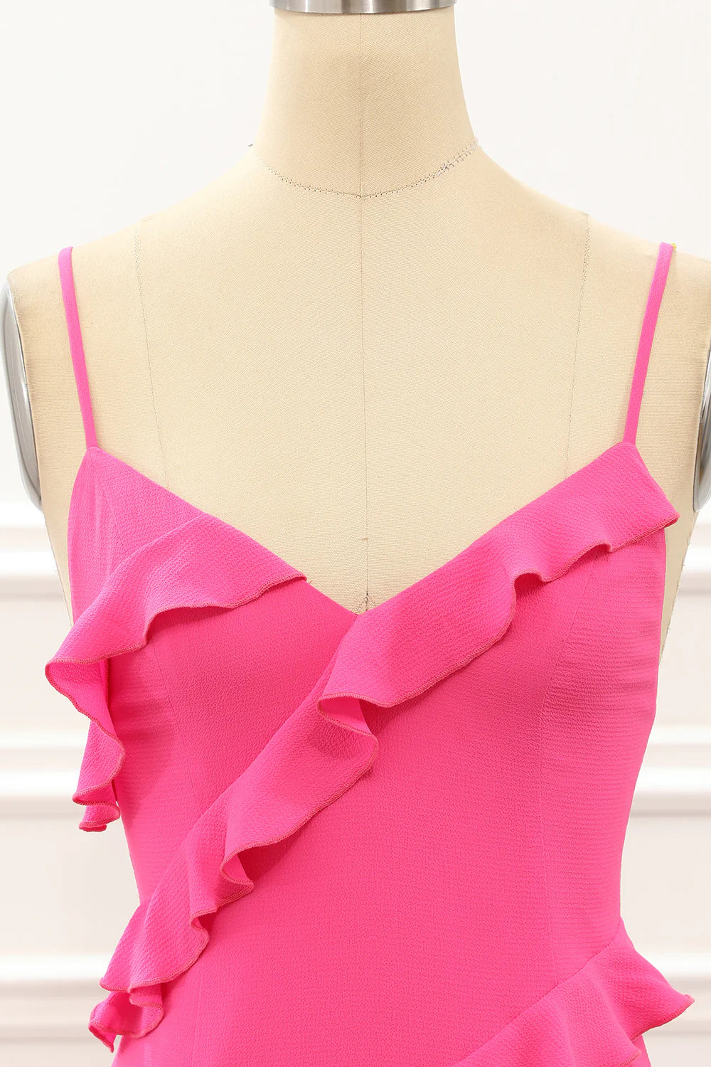 Amzcw Hot Pink Sheath Spaghetti Straps Long Wedding Guest Dress with Ruffles