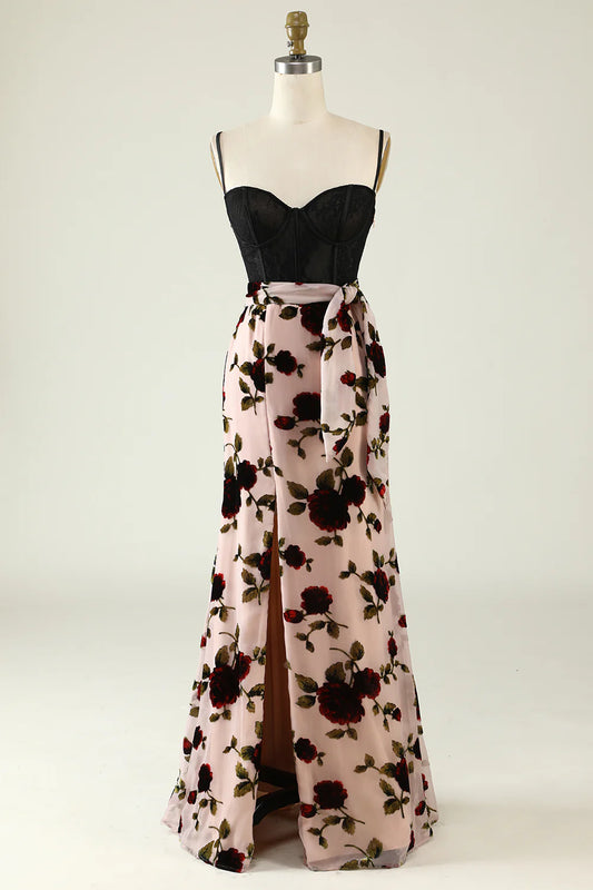 Amzcw Floral Spaghetti Straps Prom Dress with Slit