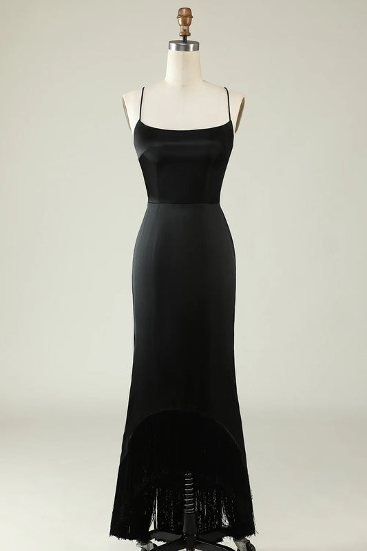 Amzcw Spaghetti Straps Black Satin Prom Dress with Fringes