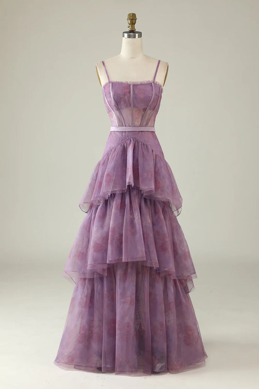 Amzcw Purple Printed A Line Corset Prom Dress