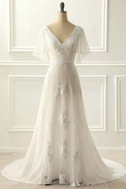 Amzcw Ivory V Neck A Line Long Wedding Dress With Appliques