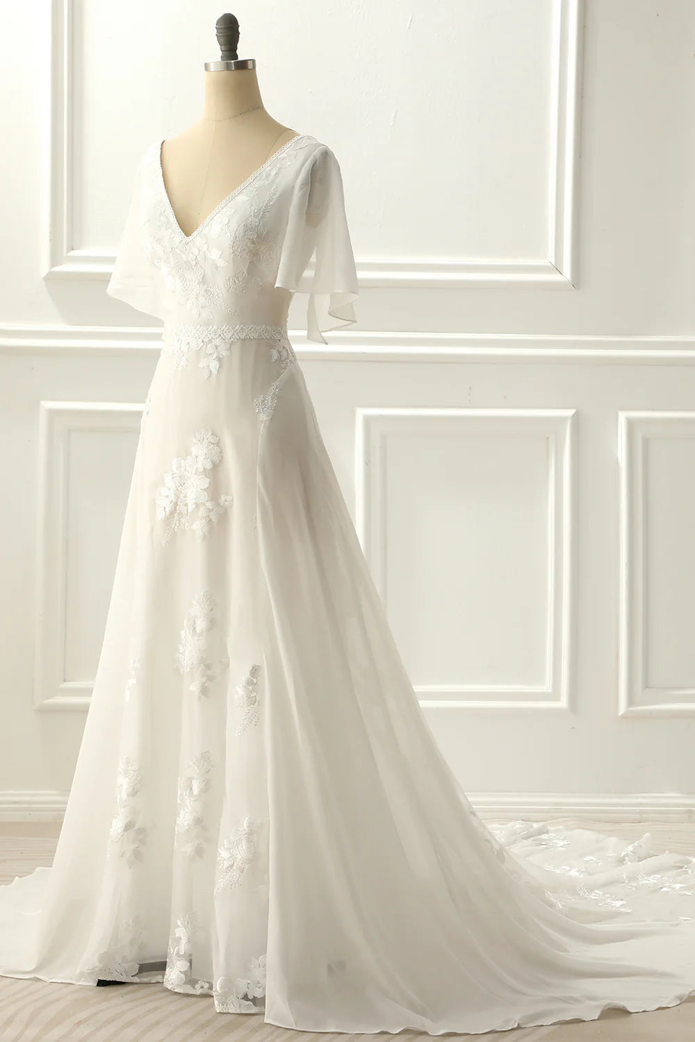 Amzcw Ivory V Neck A Line Long Wedding Dress With Appliques