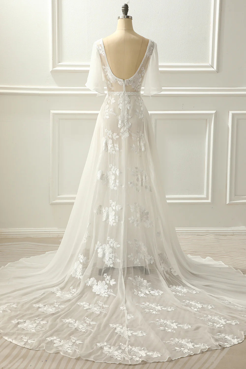 Amzcw Ivory V Neck A Line Long Wedding Dress With Appliques