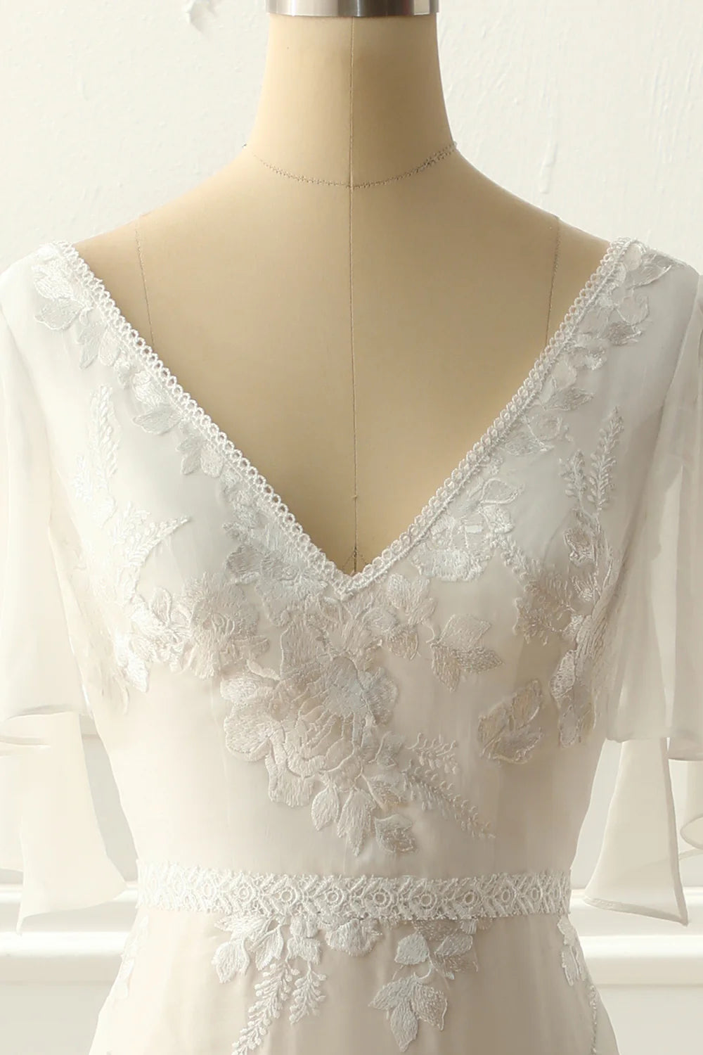 Amzcw Ivory V Neck A Line Long Wedding Dress With Appliques