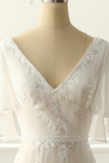 Amzcw Ivory V Neck A Line Long Wedding Dress With Appliques