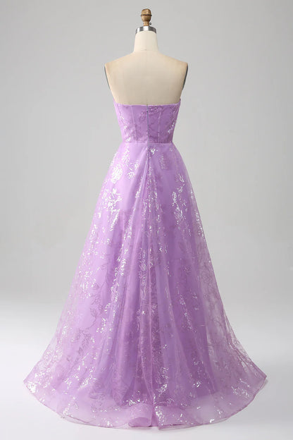 Amzcw Lilac A Line Strapless Sparkly Sequin Long Prom Dress prom clothing