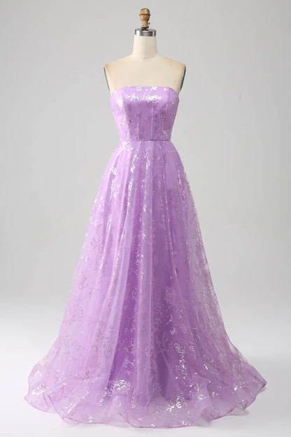 Amzcw Lilac A Line Strapless Sparkly Sequin Long Prom Dress prom clothing