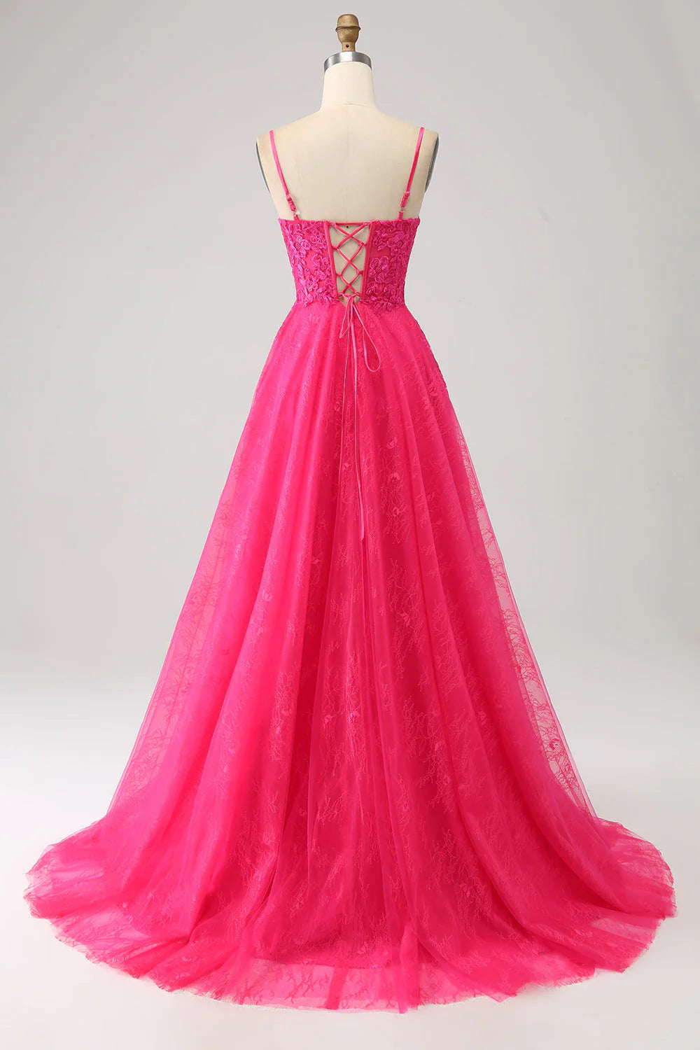 Amzcw Fuchsia A-Line Spaghetti Straps Corset Lace Long Prom Dress with Slit