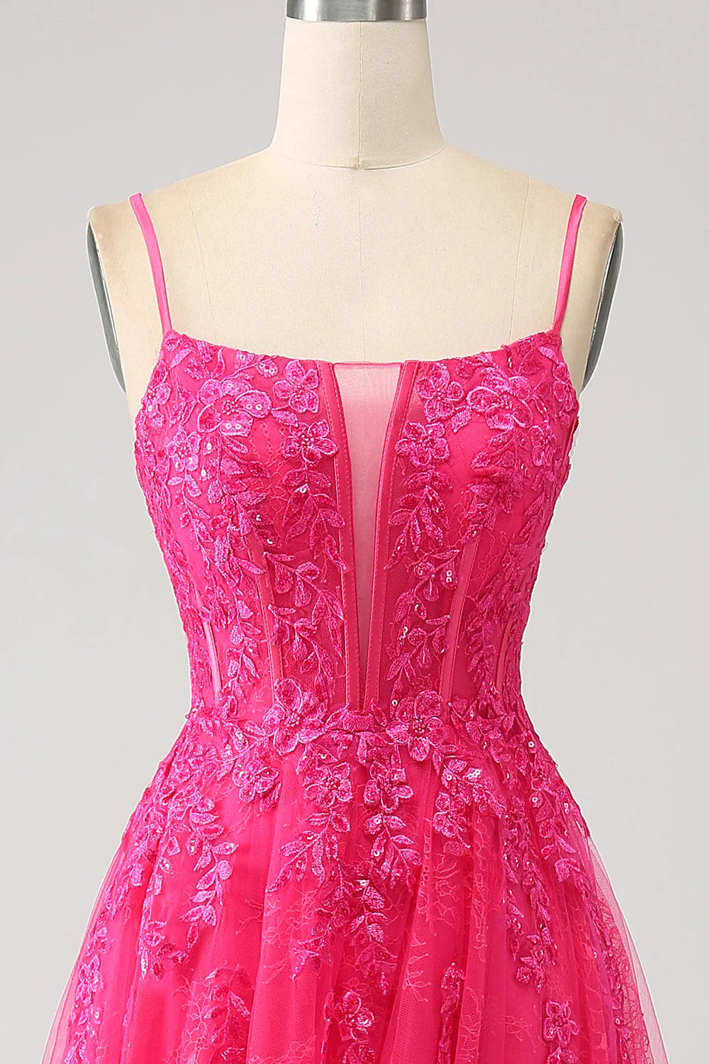 Amzcw Fuchsia A-Line Spaghetti Straps Corset Lace Long Prom Dress with Slit