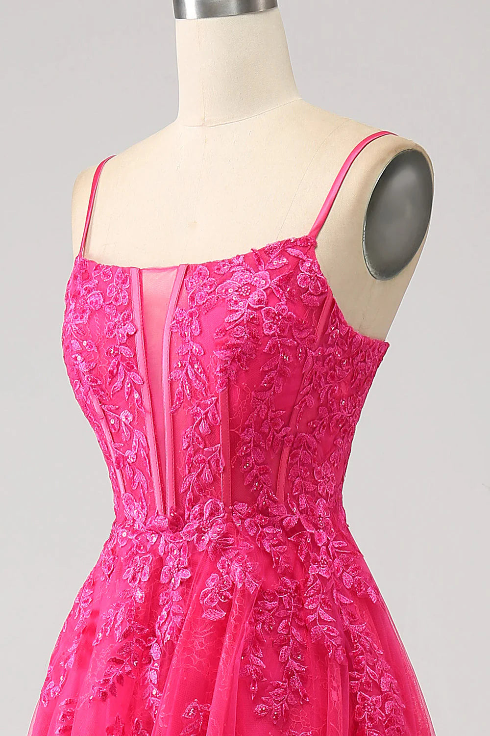 Amzcw Fuchsia A-Line Spaghetti Straps Corset Lace Long Prom Dress with Slit