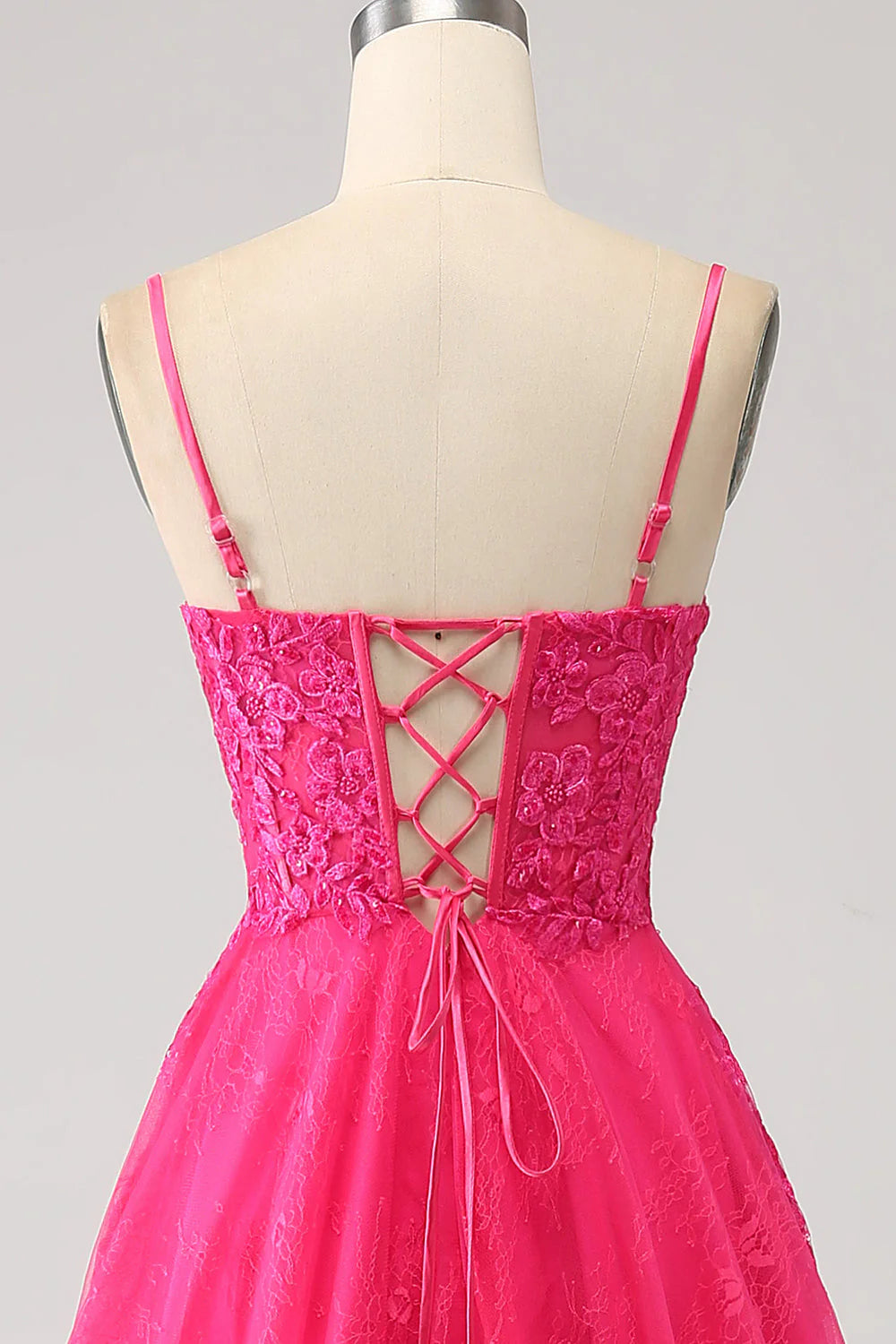 Amzcw Fuchsia A-Line Spaghetti Straps Corset Lace Long Prom Dress with Slit