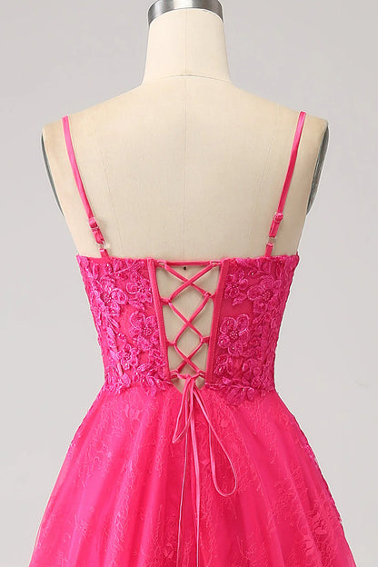 Amzcw Fuchsia A-Line Spaghetti Straps Corset Lace Long Prom Dress with Slit