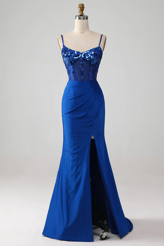 Amzcw Royal Blue Mermaid Spaghetti Straps Beaded Corset Prom Dress with Slit prom dresses with long sleeves