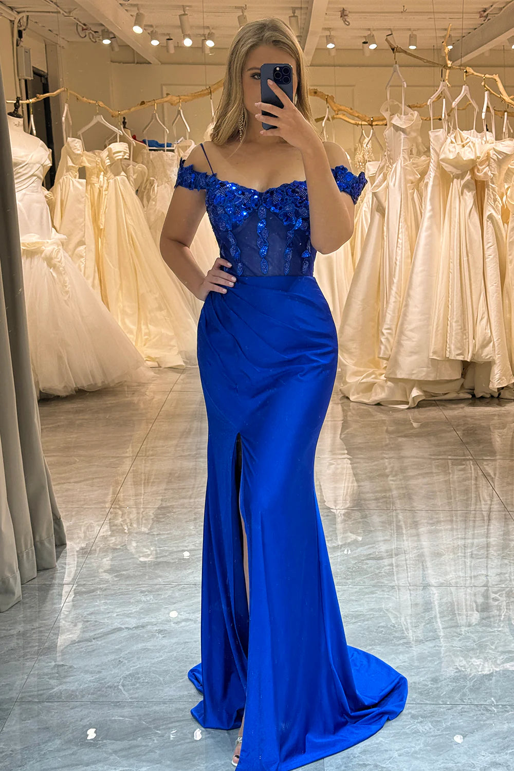 Amzcw Royal Blue Mermaid Off The Shoulder Sparkly Sequins Prom Dress With Slit prom dresses with long sleeves