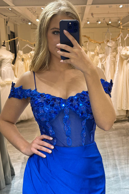 Amzcw Royal Blue Mermaid Off The Shoulder Sparkly Sequins Prom Dress With Slit prom dresses with long sleeves