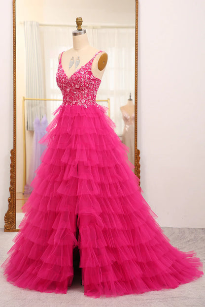 Amzcw Fuchsia A Line Sparkly Beaded Appliques Tiered Long Prom Dress With Slit long prom dresses with sleeves